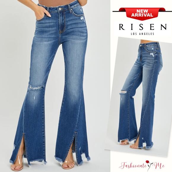 RISEN High Rise Front Slit Frayed Hem Distressed Dark Wash Flare Denim Jeans